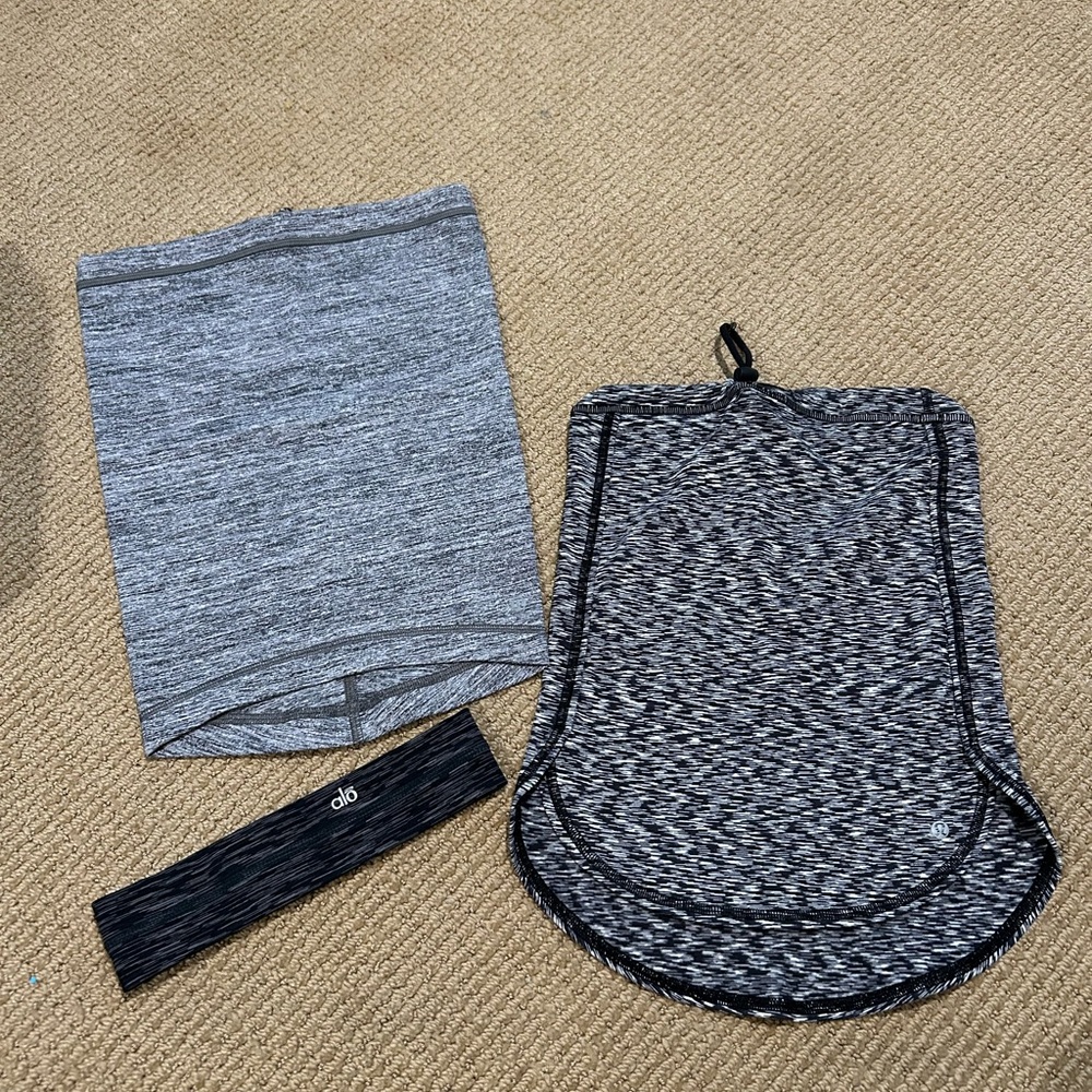 Lululemon and Alo accessories: two Lulu neck gaiters, one Alo headband